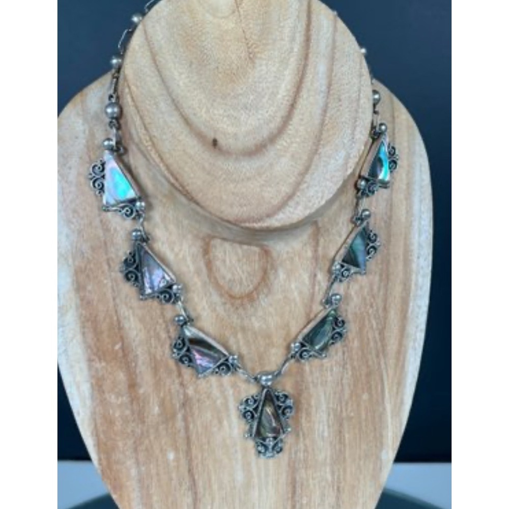 Vintage Mexican 925 Abalone Necklace | Boho Taxco Style Silver Filigree 16" RARE